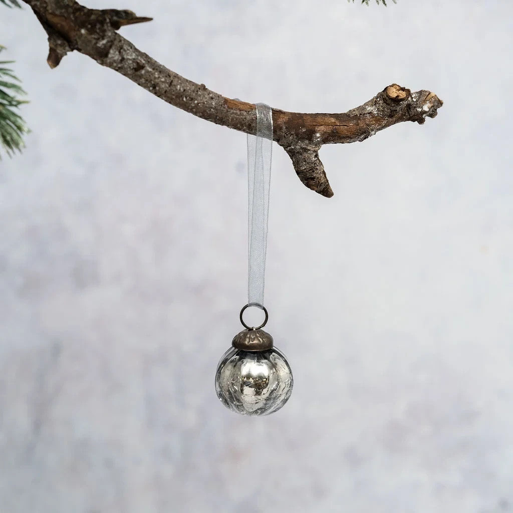 6 Pack Small Glass Handcrafted Baubles Premium Traditional Christmas Tree Craft - 6 Slate Ribbed Balls