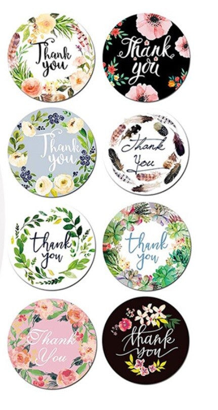 Round Labels 'Thank You' Floral Handmade Gift Craft Seal Flower Stickers 2.5cm - Floral Design 1
