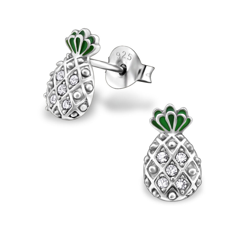 925 Sterling Silver Fruit Strawberry Banana Pineapple Stud Earrings & Gift Box - Pineapple Silver 6x9mm