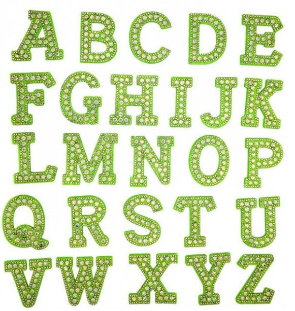 Green Rhinestone Letter Patch Patches Glue or Sew on Alphabet Crystal Customise