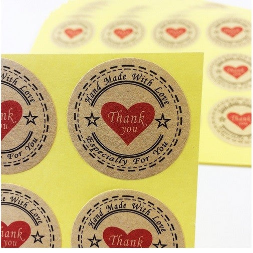 Round Labels 'Thank You Handmade with Love' Red Heart Gift Craft Stickers 3.3cm