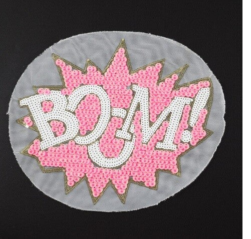 Large BOOM! Star Cartoon Comic Applique Sew On Sequin Patch Pink Gold & Black - Pink & White