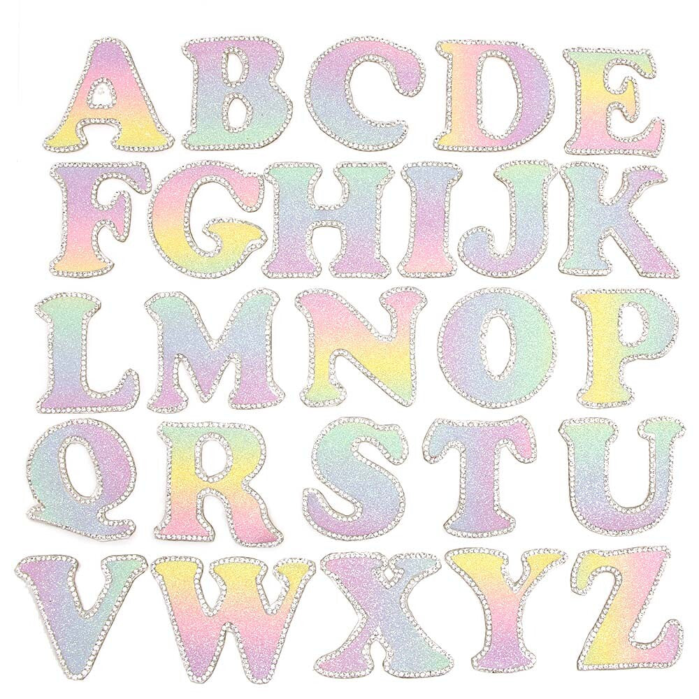3D Multicoloured Pink Gold Glitter Letter Patch Iron on Alphabet Patches 5cm - Pastel Rainbow