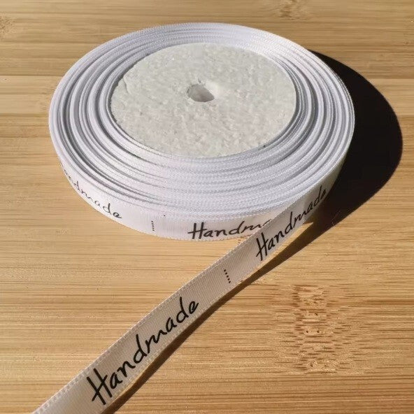 20 Meter Roll " Handmade" Print Satin Ribbon Full Whole Roll Sew On Label - White