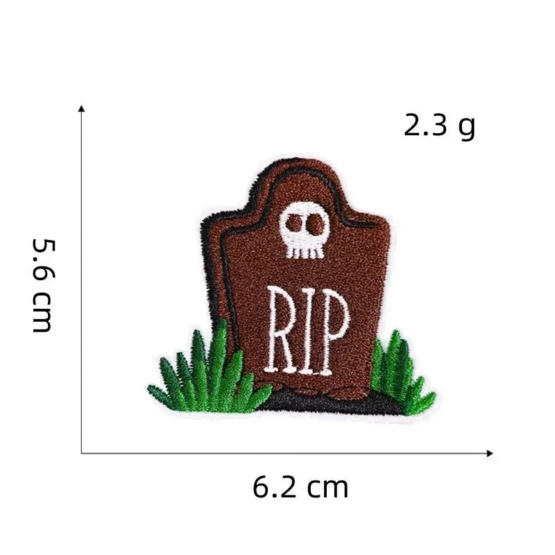 Halloween Patches Pumpkin Witch Cat Bat Ghost Embroidered Badge Iron On Sew - Rip Grave