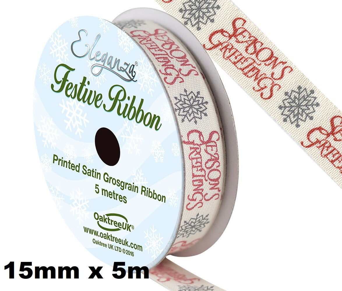 Eleganza Festive Christmas Ribbon Roll Craft Wreath Bows Gifts Tree Decoration - Natural Cotton Seasons Greetings