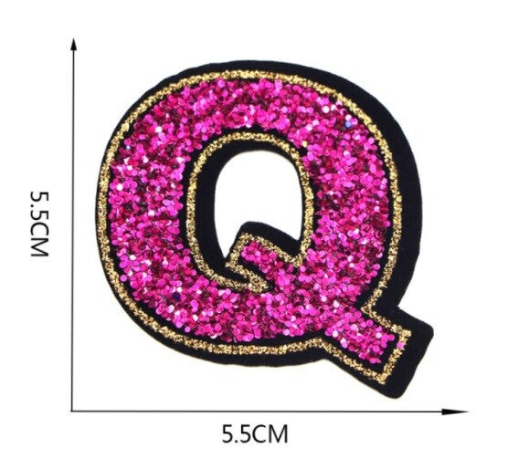 Large Pink Sequins Glitter Letter Patch Iron on Sew on Alphabet Customise 5.5cm - Q