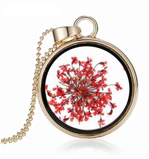Dried Flower Round Locket Pendant Gold Plated Glass Charm Chain Necklace Botanic - Red