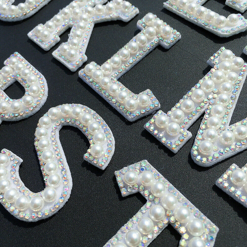 White Pearl AB Silver Rhinestone Letter Patch Patches Iron on Glue/Sew Alphabet