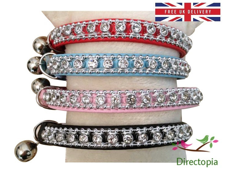 UK Standard Safety Cat Collar Crystal Diamante Rhinestone Safety Elastic & Bell - Blue