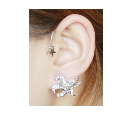 3D Flying Horse Pegasus Wing Unicorn Star Ear Cuff Stud Wrap Earring Kawaii - Silver