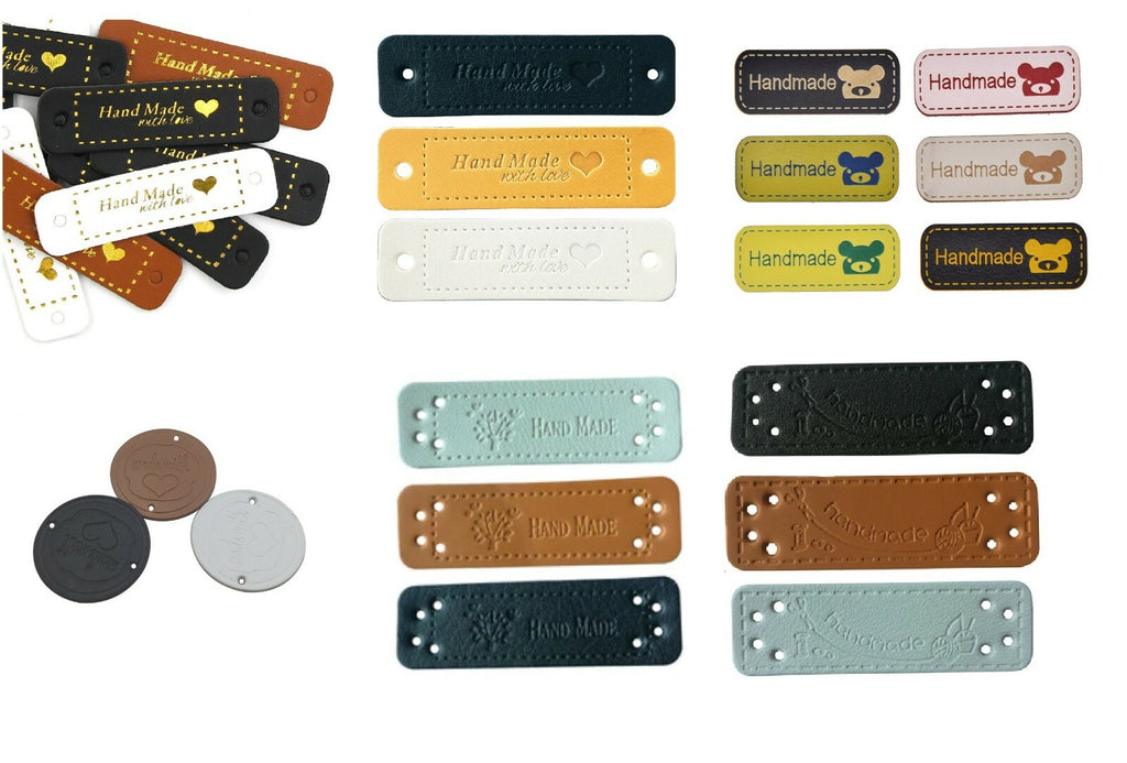 Faux Leather Labels Hand Made With Love Sew On Clothing Tags 50x15mm, Round & Bear