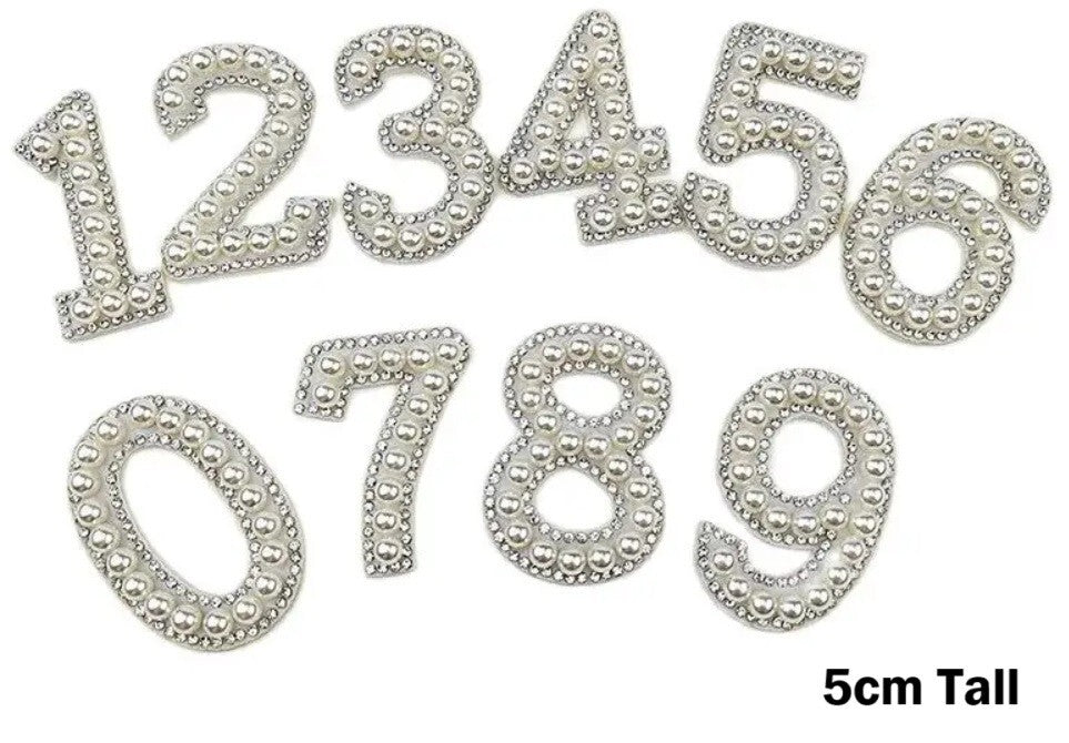 5cm Tall Pearl Number Patch White & Silver Rhinestone Alphabet Numbers Patches