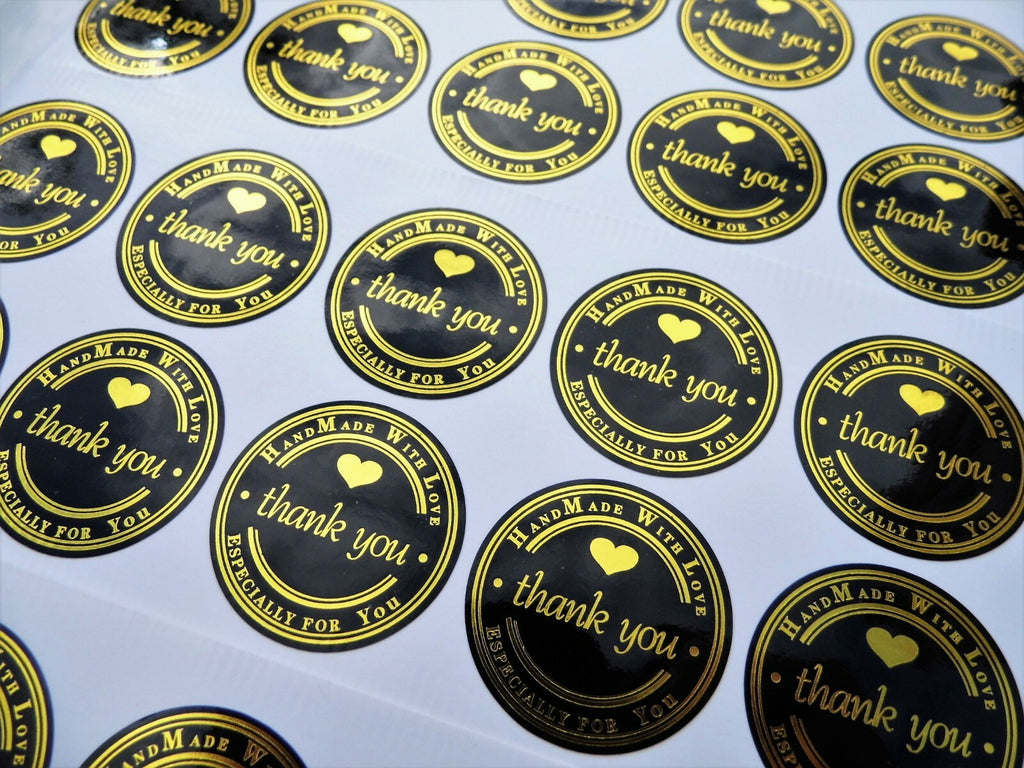 Round Labels Thank You Hand Made with Love Handmade Stickers Black Gold 3.5cm