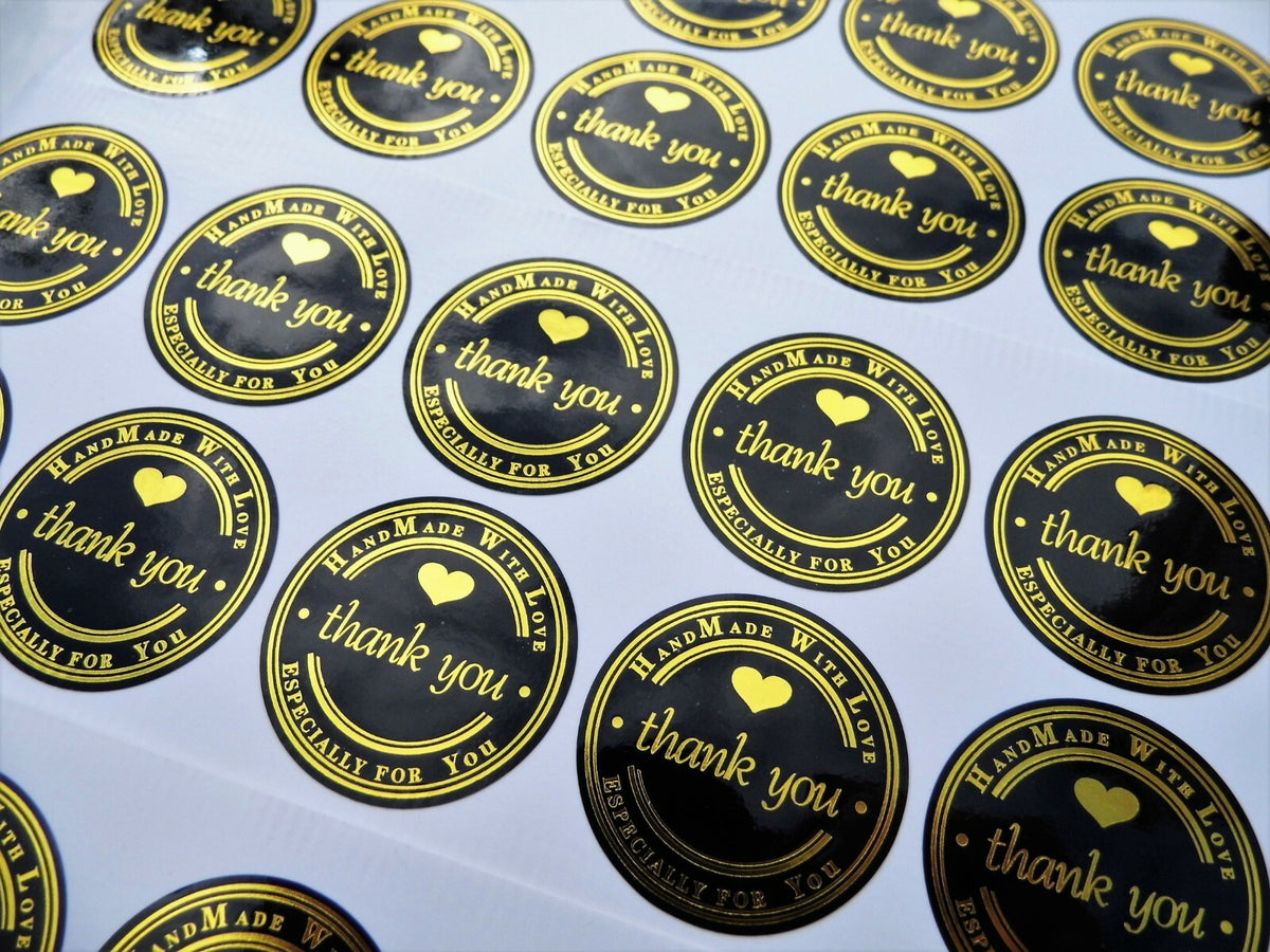 Round Labels Thank You Hand Made with Love Handmade Stickers Black Gold 3.5cm