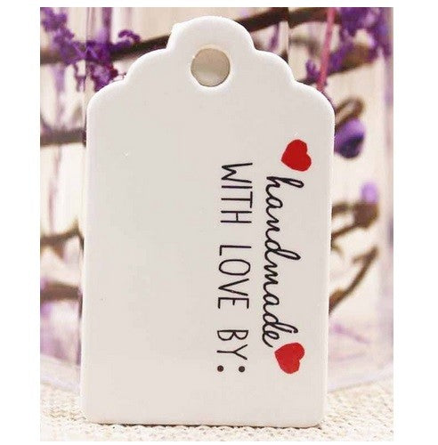 5x3cm Craft Paper Tags 'Handmade with Love by' Hand Made Gift Tag - White with Red Heart