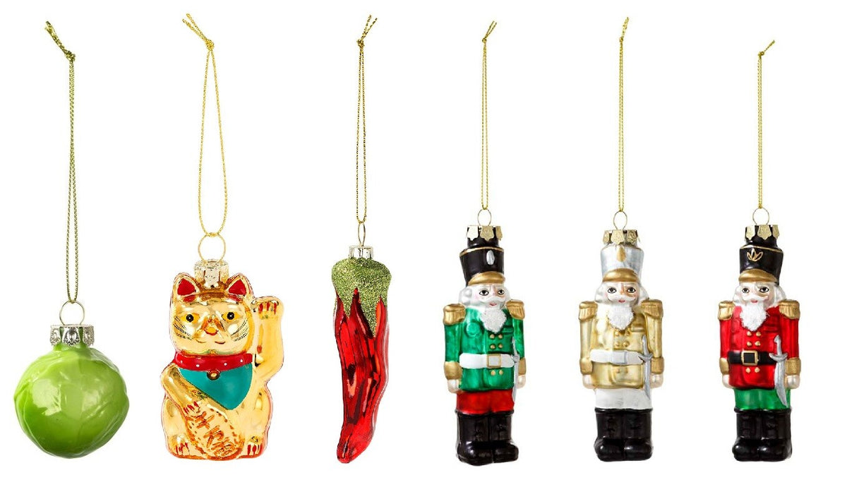 Glass Bauble Nutcracker Chilli Sprout Lucky Cat Christmas Tree Decoration