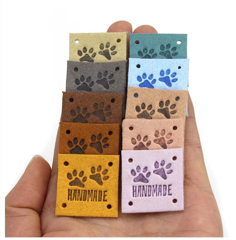 Faux Suede Leather Labels Hand Made Paw Print Clothing Tag Label Tags 25x25mm