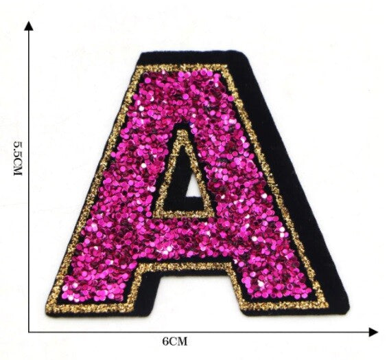 Large Pink Sequins Glitter Letter Patch Iron on Sew on Alphabet Customise 5.5cm - A