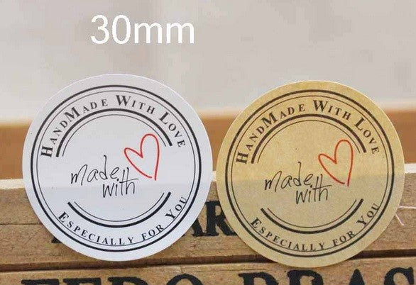 Round Paper Labels Hand Made with Love Gift Food Craft Soap Stickers Thank You