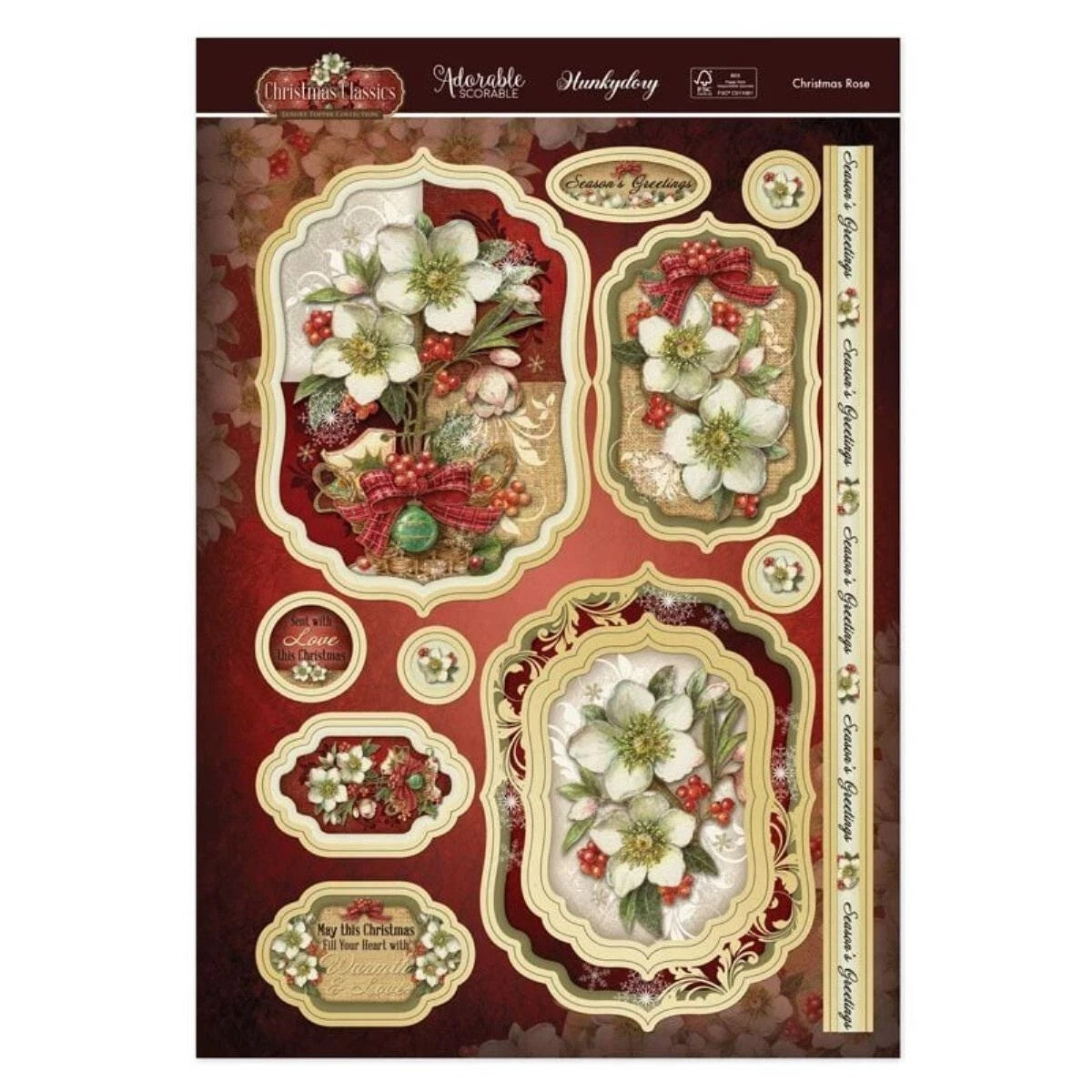 Hunkydory Christmas A4 Card Die Cut Topper Sheet Luxury Toppers for Craft Cards - Christmas Rose