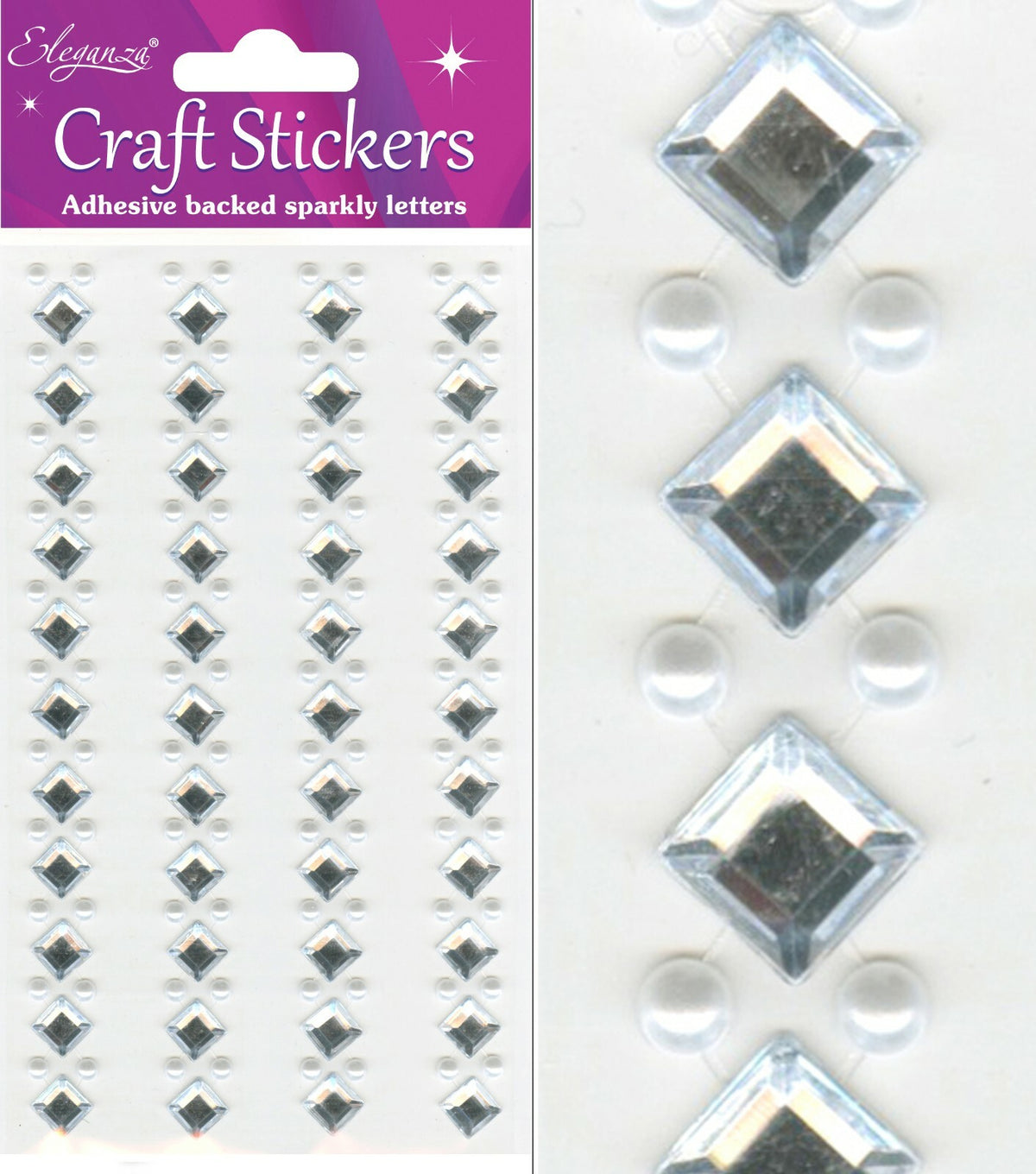 Self Adhesive Stickers Diamante Embellishments Rhinestone Wedding Card Scrapbook - 8mm Square Diamond/4mm Pearls x 4 Strips Per Sheet