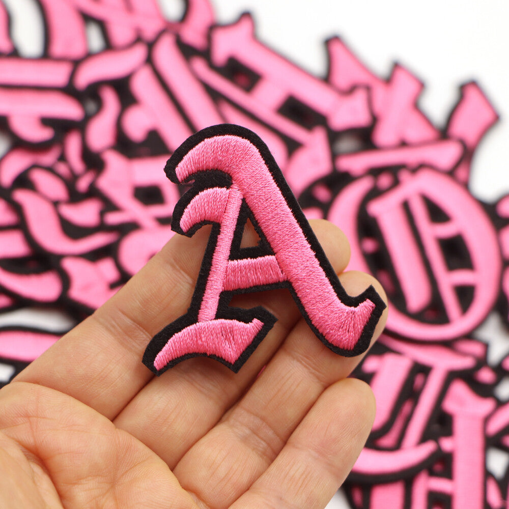 Pink Black Old English Medieval Letter Patch Patches Iron on Alphabet Embroidery