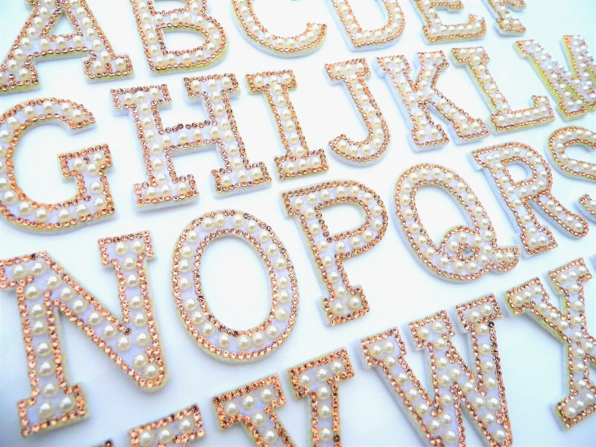 Alphabet Crystal Pearl & Gold Rhinestone Letter Patch Patches Glue / Sew on