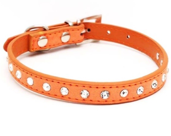 Suede Leather Dog Collar Diamante Puppy Bling Yorkie Teacup Chihuahua & Upwards - Orange