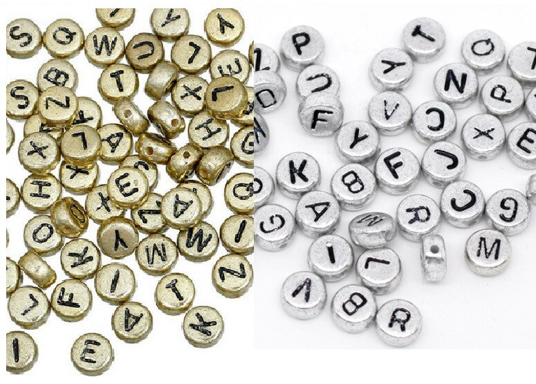 100 x Round Alphabet Beads Letter Spacer Spacers Gold & Silver 7mm