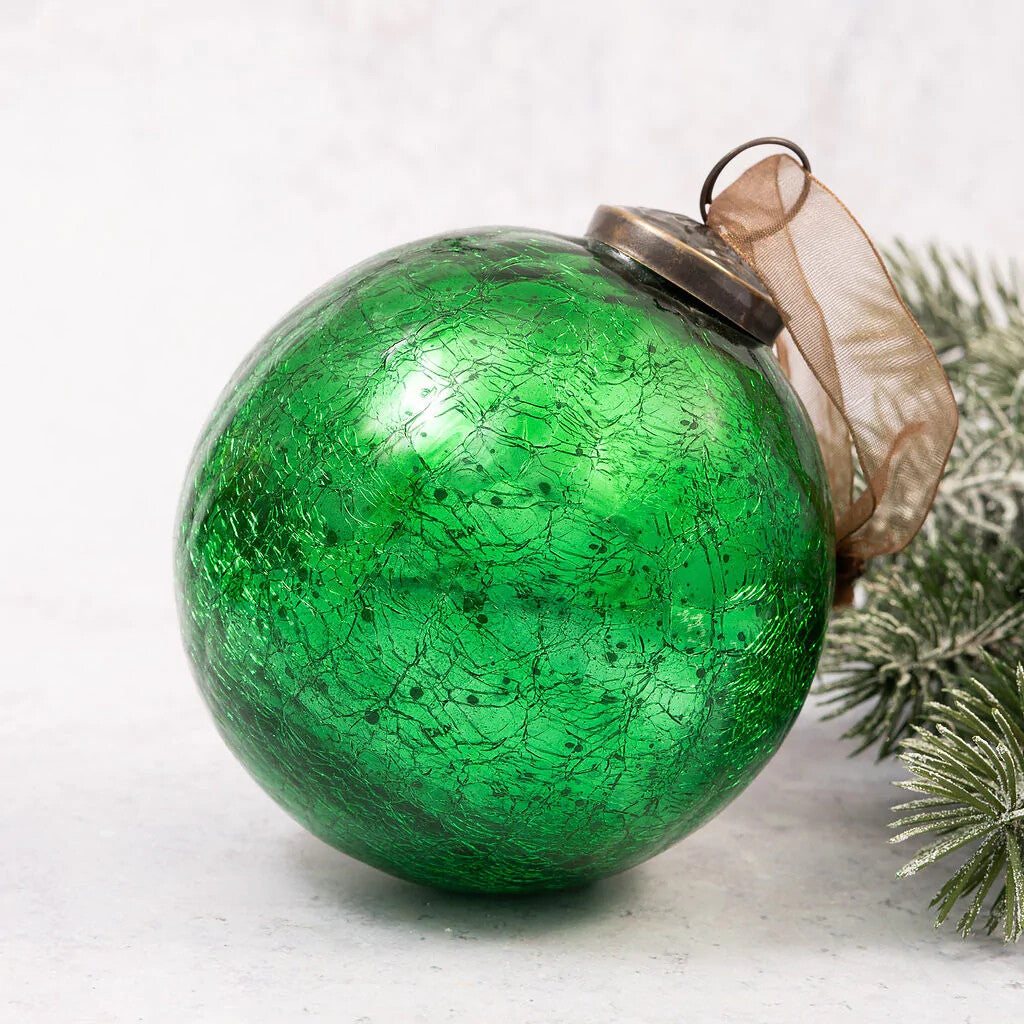 XL Glass Handcrafted Baubles Premium Traditional Christmas Tree Bauble 10cm - Emerald Crackle Ball - 1 Bauble
