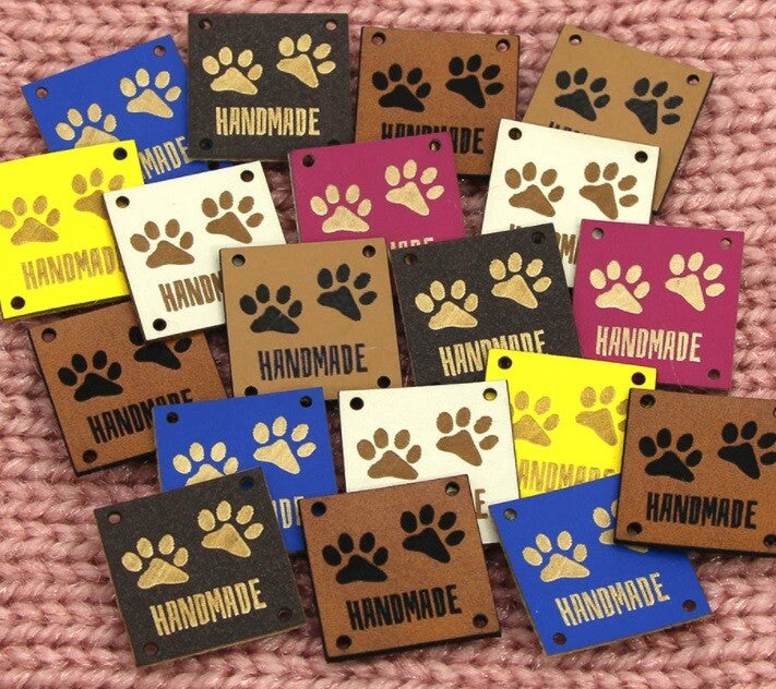 Faux Leather Labels Hand Made Paw Print Clothing Tag Label Tags 25x25mm
