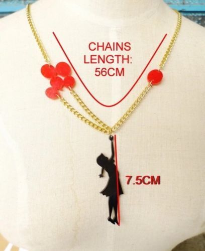 Girl & Red Balloon Acrylic Statement Gold Chain Necklace Graffiti Style UK