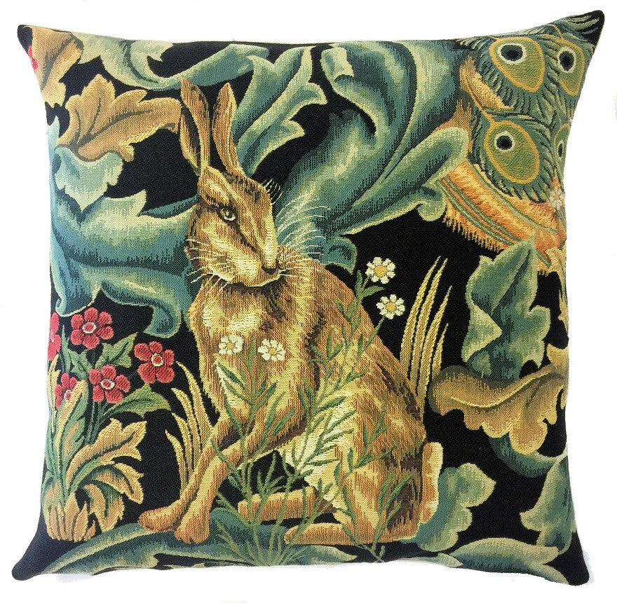 William Morris Tapestry Cushion Covers Orange Tree Pimpernel Strawberry - Black Forest Hare - 45x45cm