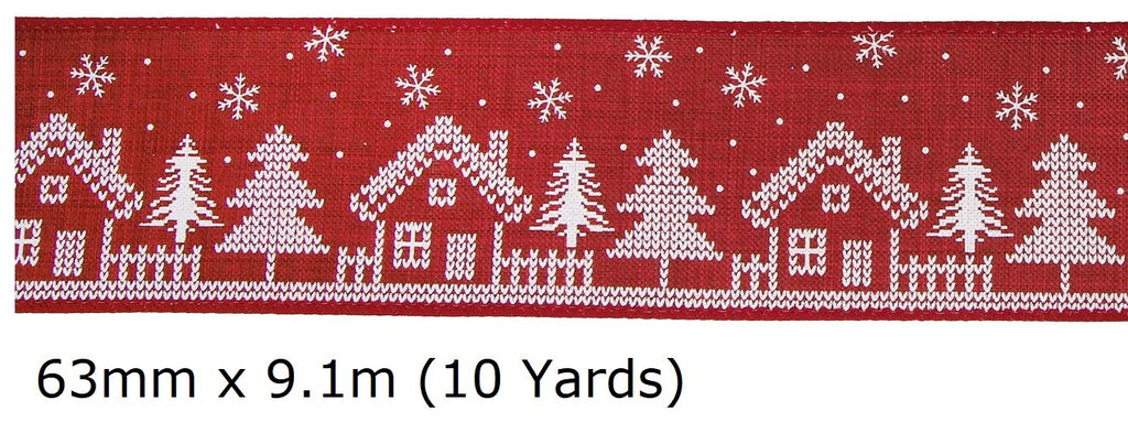 Eleganza Festive Christmas Ribbon Roll Craft Wreath Bows Gifts Tree Decoration - Burgundy Wired Edge Christmas Houses Ribbon