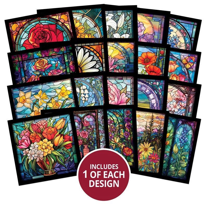Hunkydory Little Books 20/24/25 Pack - Christmas Birthday Card Making Scrapbook - Stained Glass Florals