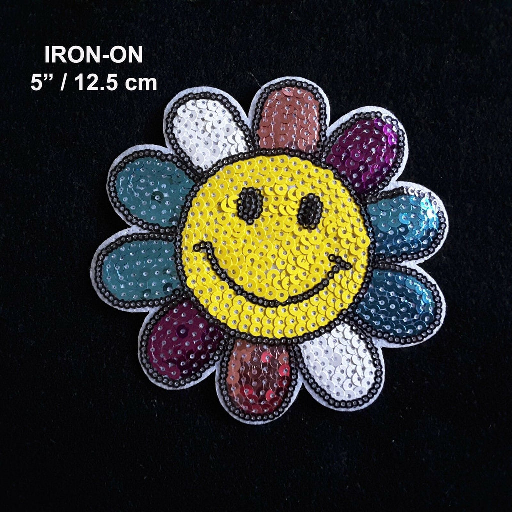 Flower Flowers Sequin Face Happy Sequins Patch Iron on 12.5cm