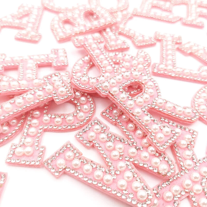 Alphabet Pink & Pearl Rhinestone Crystal Letter Patch Patches Glue / Sew on 5cm