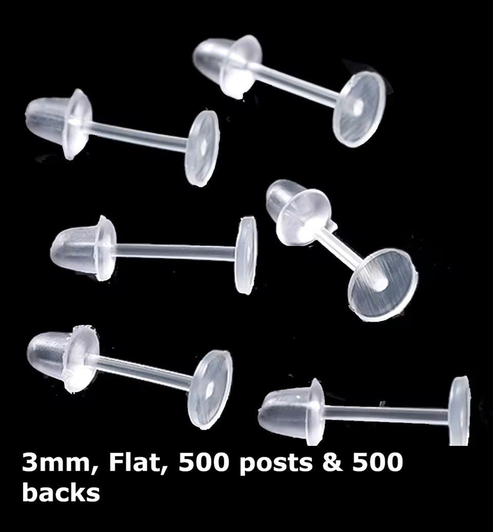 1000pcs Silicone Earring Posts & Backs - Jewellery Making Findings Craft Sets - 3mm Flat