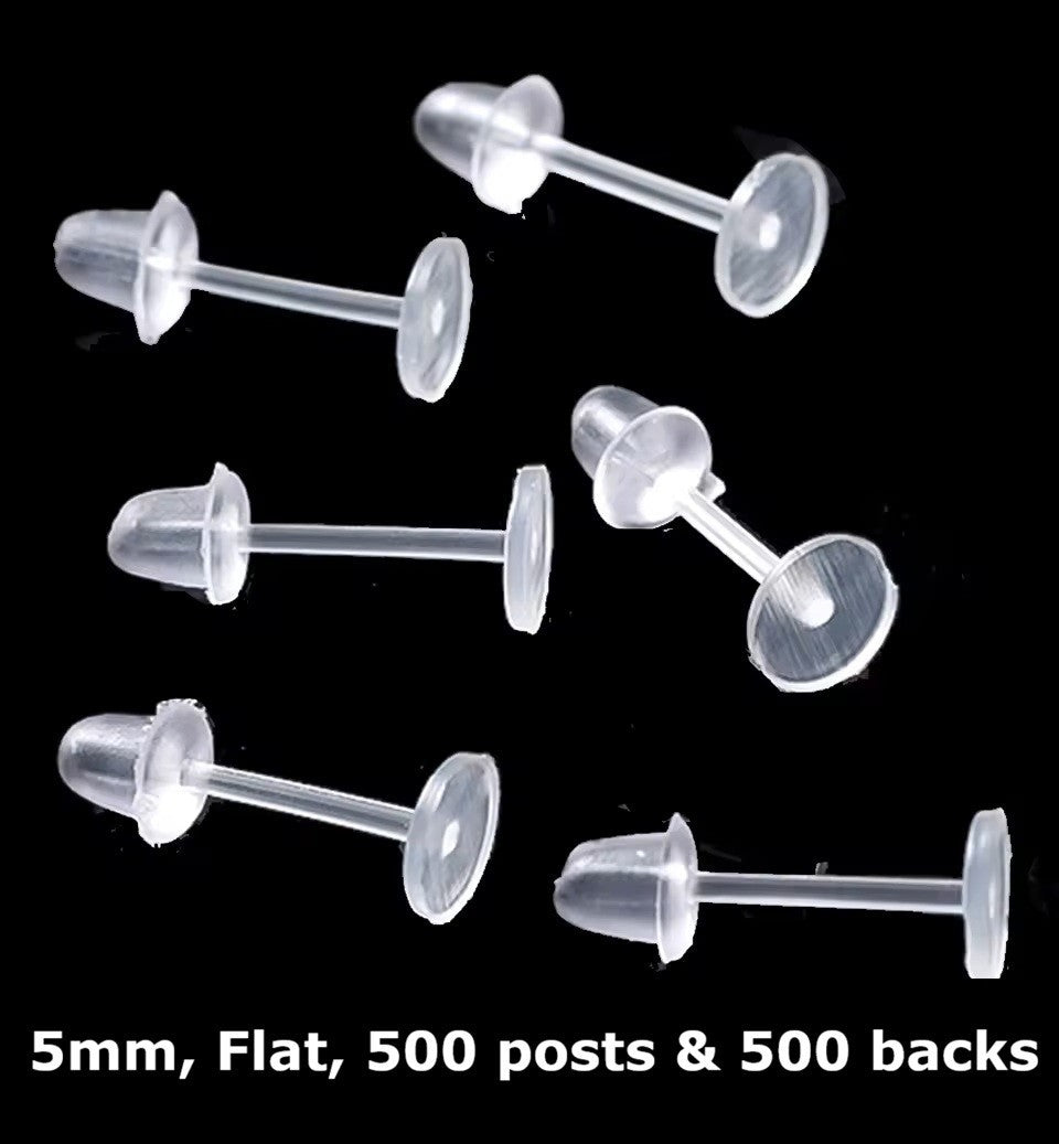 1000pcs Silicone Earring Posts & Backs - Jewellery Making Findings Craft Sets - 5mm Flat