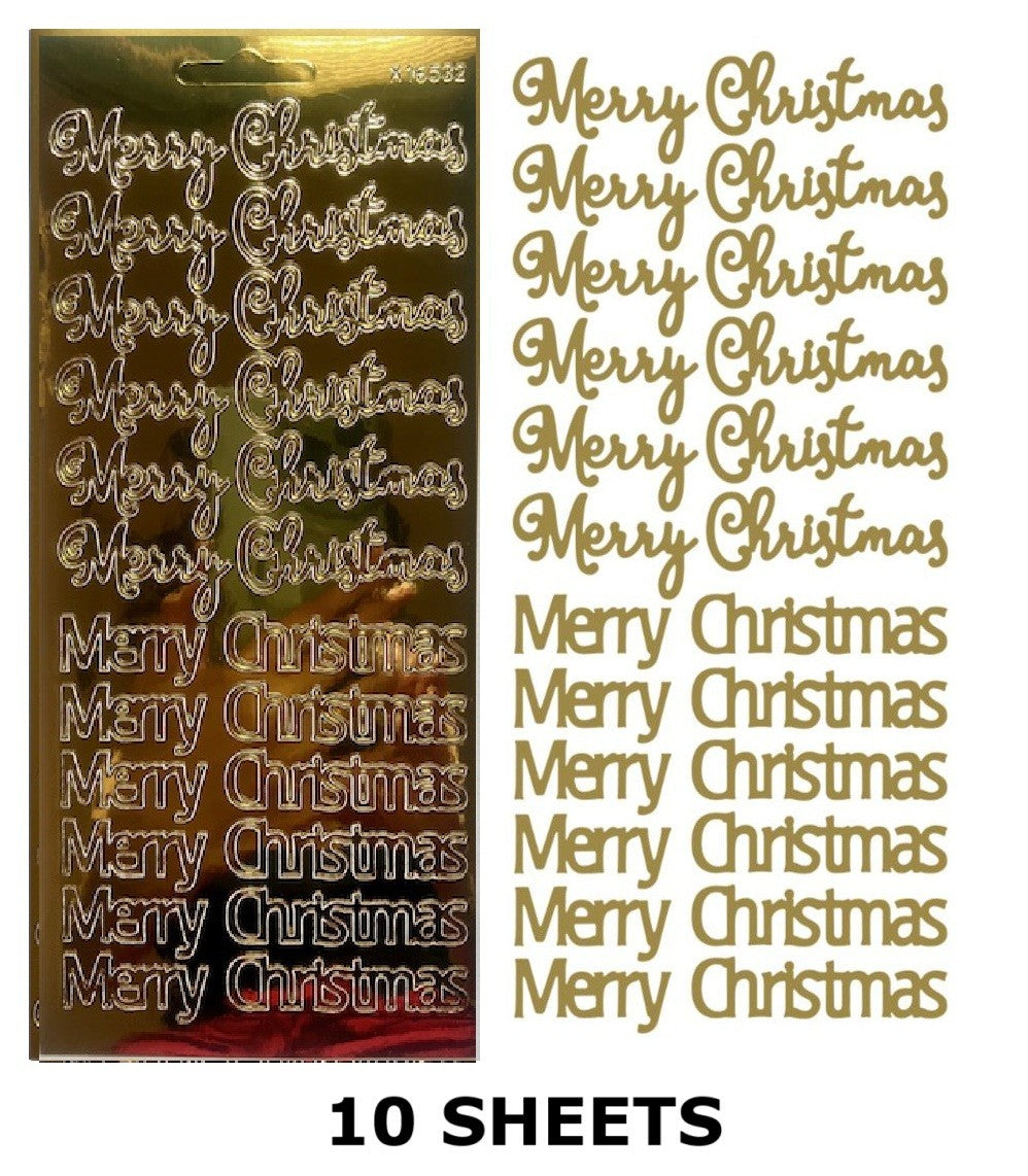 10 Sheets - Gold Mirror Merry Christmas Peel Off Sticker Card Craft Stickers