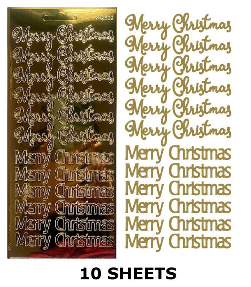 10 Sheets - Gold Mirror Merry Christmas Peel Off Sticker Card Craft Stickers