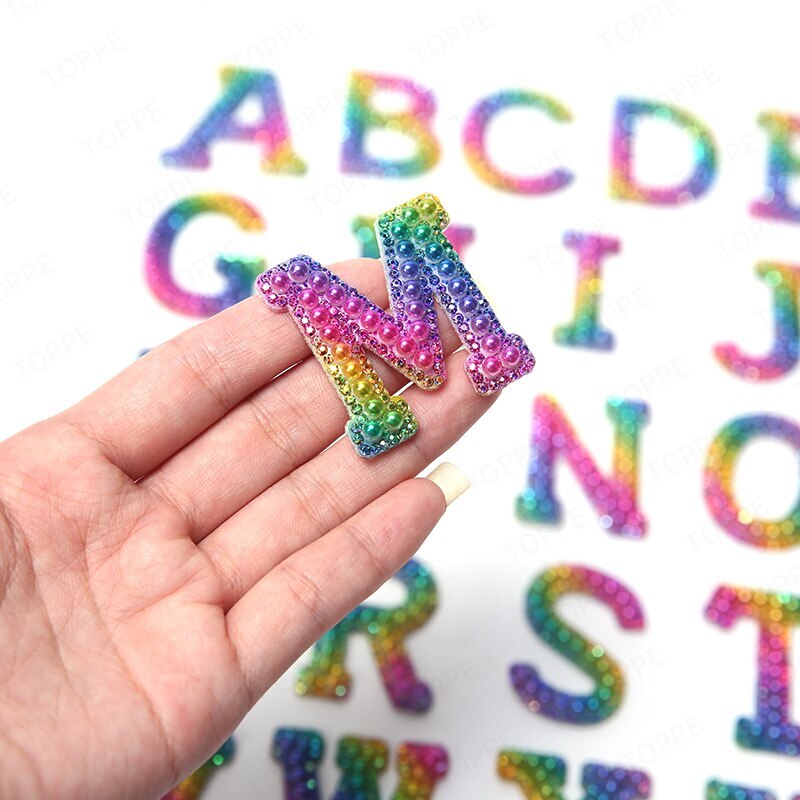 Rainbow Pearl Rhinestone Letter Patch Patches Iron on Sew on Alphabet Crystal