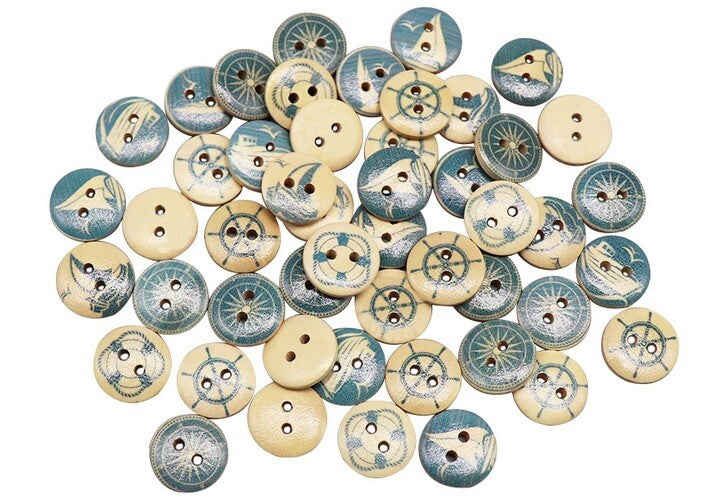 Nautical Beach Anchor Sea Buttons Craft Customise Clothing Sewing Button - 15mm Wooden Blue