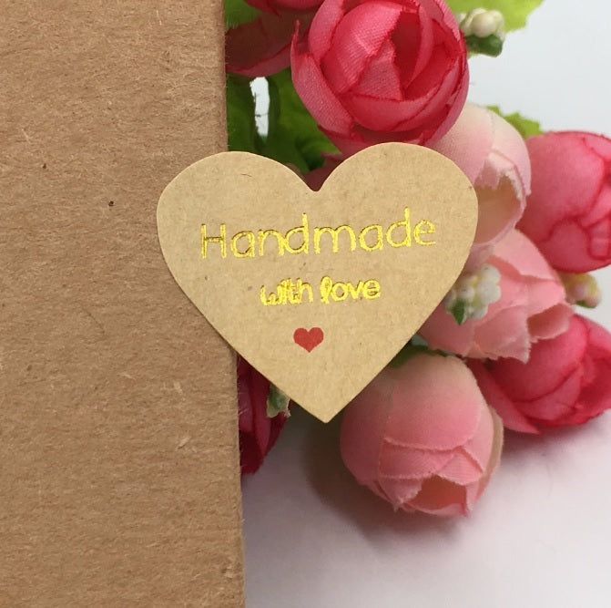 Handmade with Love Heart Gift Seal Craft Stickers Manilla with Gold Text