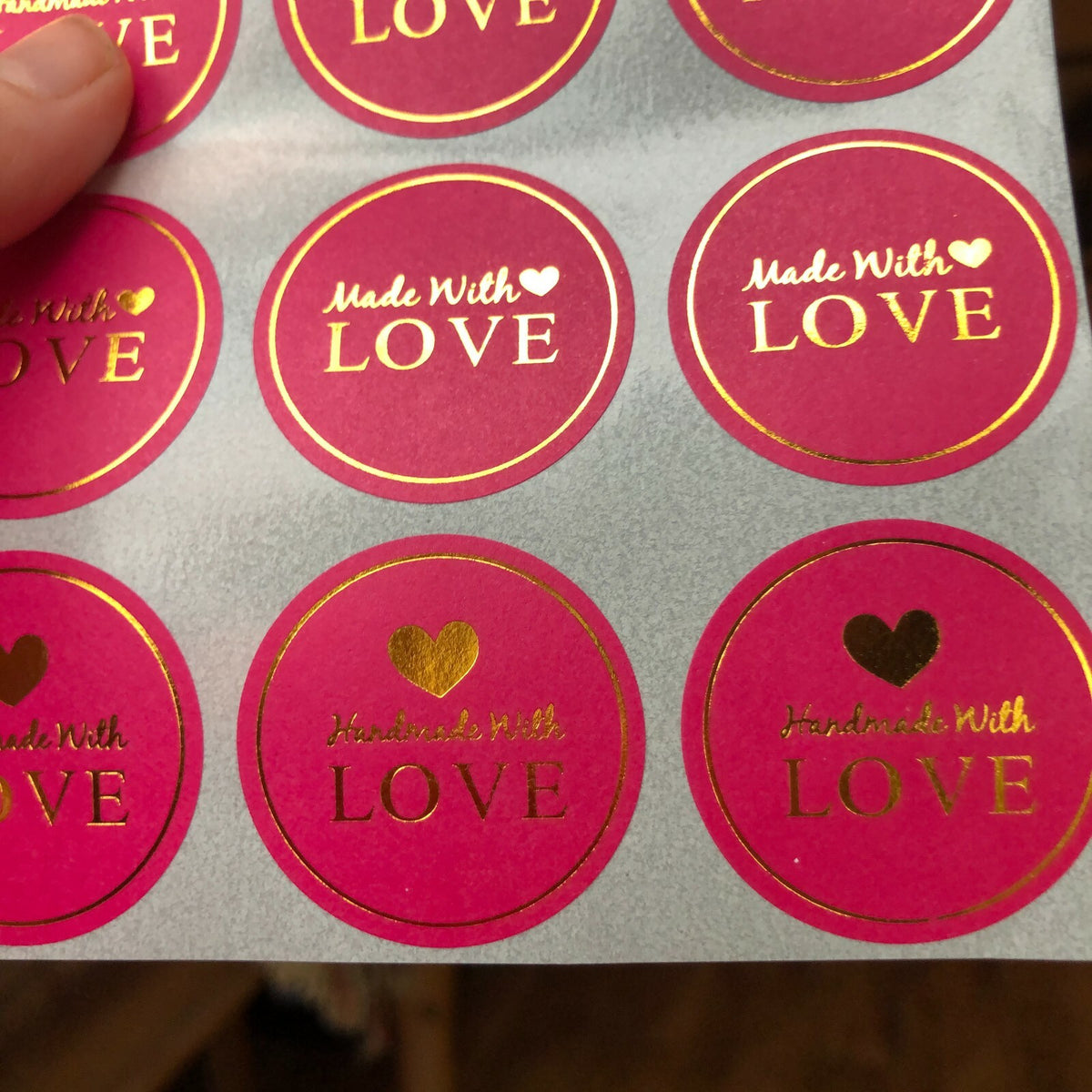 Round Paper Labels Handmade with Love hand made Stickers Pink & Gold 3.5cm