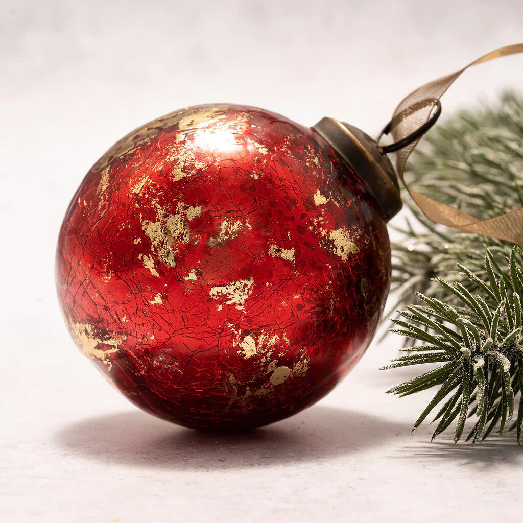 XL Glass Handcrafted Baubles Premium Traditional Christmas Tree Bauble 10cm - Red with Gold Foil Crackle Ball - 1 Bauble