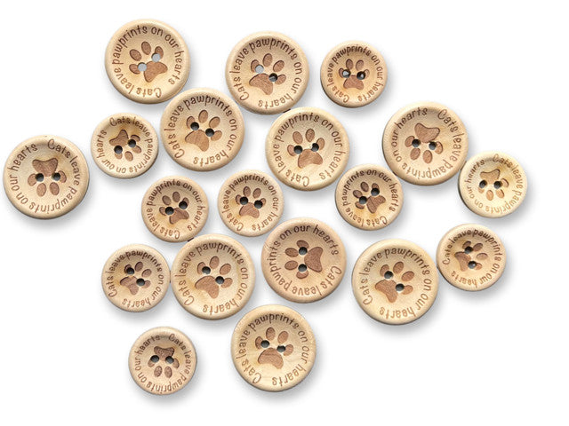 Natural Wooden Cats Paw Prints Hearts Buttons 2 Hole 20mm & 25mm Cat Button