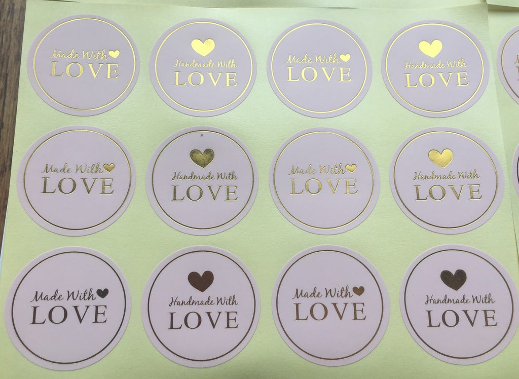 Round Paper Labels 'Hand made with love' Gift Craft Stickers Pink & Gold MD