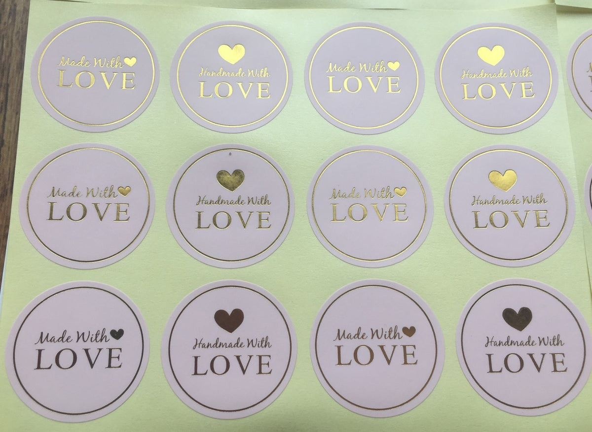Round Paper Labels 'Hand made with love' Gift Craft Stickers Pink & Gold MD